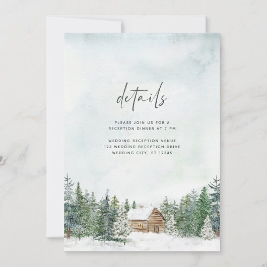 Winter Forest Cabin Pine Trees Wedding Details Kaart (Achterkant)