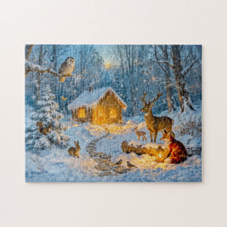 Winter Forest Cottage with Deer, Fox and Owl – Fan Legpuzzel