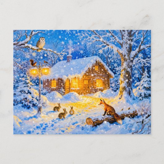 Winter Forest Cottage with Woodland Animals Briefkaart (Voorkant)