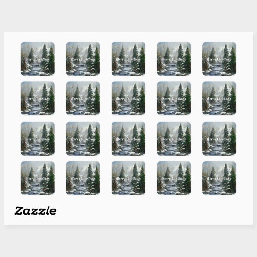 Winter Forest Country River Christmas Vierkante Sticker (Vel)