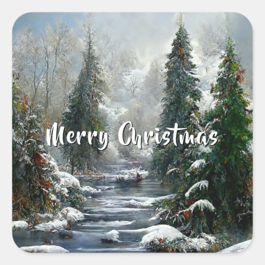 Winter Forest Country River Christmas  Vierkante Sticker (Voorkant)
