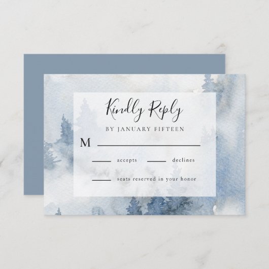 Winter Forest Dusty Blue Waterverf Wedding   RSVP Kaartje (Voorkant / Achterkant)