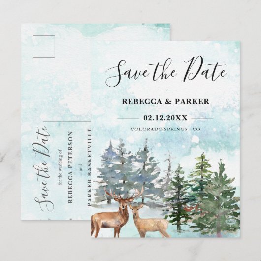Winter Forest en deers Save the Date briefkaart (Voorkant / Achterkant)