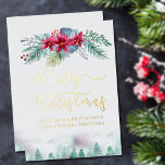 Winter Forest en Poinsettia Waterverf Gold Folie Feestdagenkaart<br><div class="desc">Elegant kerstkaart met luxe gouden folie-typografie, op maat van uw boodschap en naam/namen. Het ontwerp van deze waterverf heeft een bos van houtbomen en een bloemperzool met punsettias, winterbladeren, bessen en pijnbomen. Vrolijk kerstfeest wordt met de hand geschreven in een schemerig kalligrafie en je aangepaste tekst wordt in moderne typografie...</div>