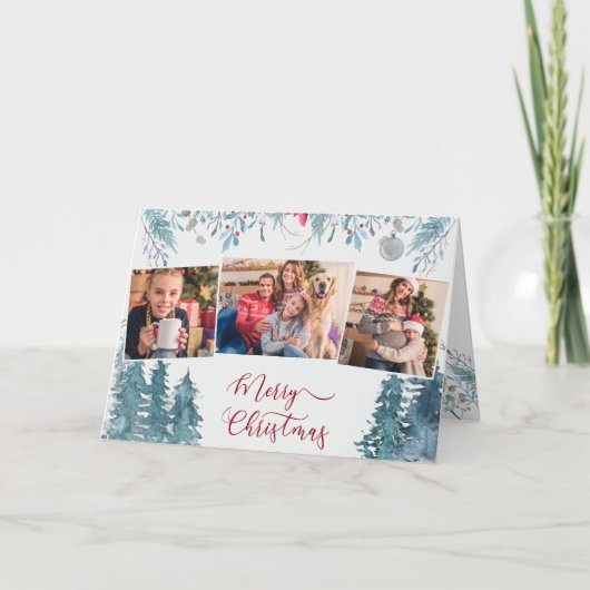 Winter Forest Foliage Elegant Script 3 Foto Feestdagen Kaart (Voorkant)