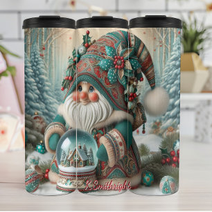 Winter Forest Gnome met Verlicht Wereldbol Thermosbeker