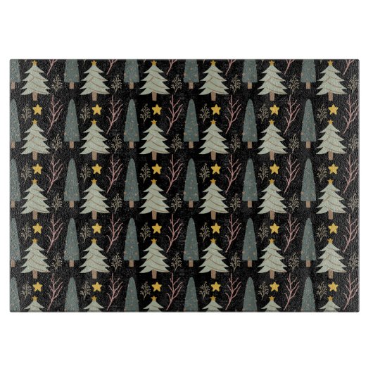 Winter Forest Green Trees kerstpattern Black Snijplank (Voorkant)