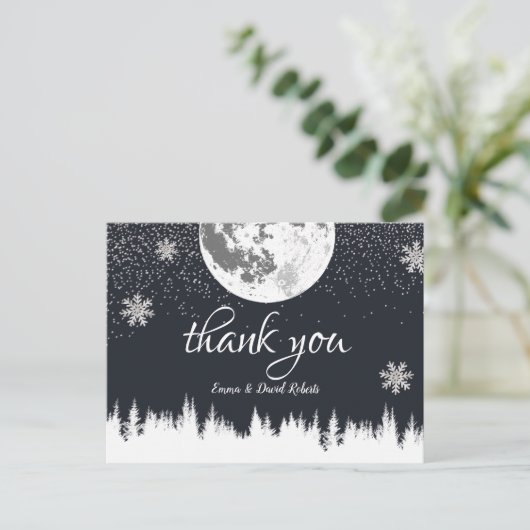 Winter Forest Moon & Snowflakes Wedding Dank u Briefkaart (Staand voorkant)