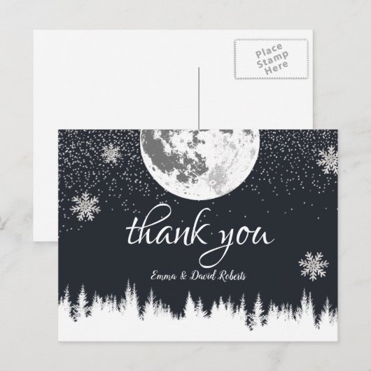 Winter Forest Moon & Snowflakes Wedding Dank u Briefkaart (Voorkant / Achterkant)