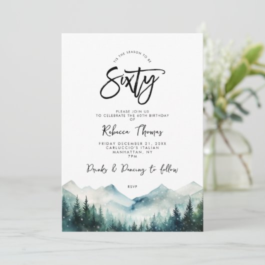 Winter Forest Mountain 60e verjaardag uitnodiging (Staand voorkant)