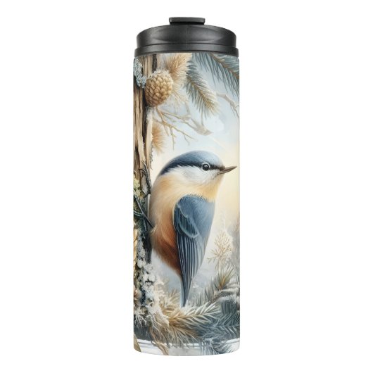 Winter Forest Nuthatch Songbird Waterverf Tumbler Thermosbeker (Voorkant)
