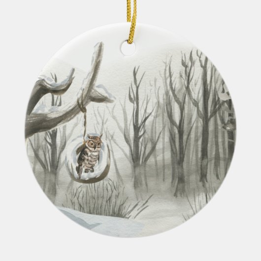 Winter Forest Owl Waterverf Persoonlijke foto Keramisch Ornament (Voorkant)