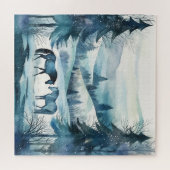 Winter Forest Paarden Paardensport Blauw Legpuzzel (Horizontaal)