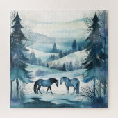 Winter Forest Paarden Paardensport Blauw Legpuzzel (Verticaal)