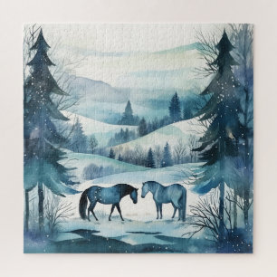 Winter Forest Paarden Paardensport Blauw Legpuzzel