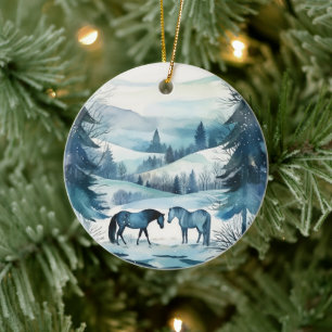 Winter Forest Paarden Ruitersport Monogram Keramisch Ornament