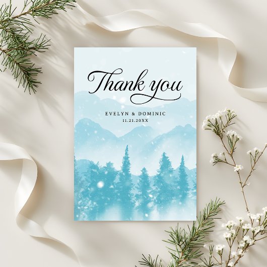 Winter Forest Pine Mountain Wedding Modern Bedankkaart
