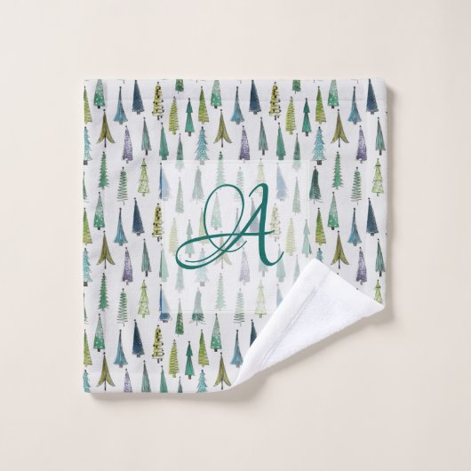 Winter Forest Pine Pattern Monogrammed Decor Bad Handdoek (Wasdoekje)