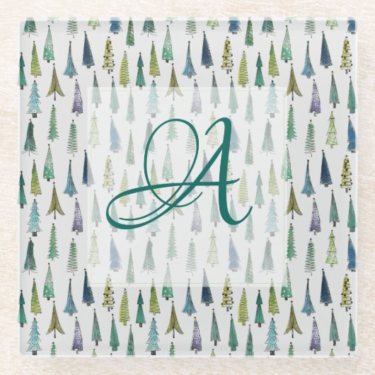 Winter Forest Pine Pattern Monogrammed Decor Glazen Onderzetter (Voorkant)