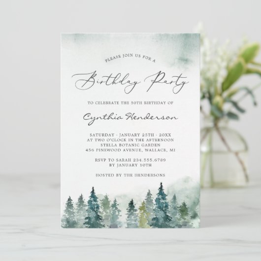 Winter Forest Pine Trees Birthday Party Kaart (Staand voorkant)