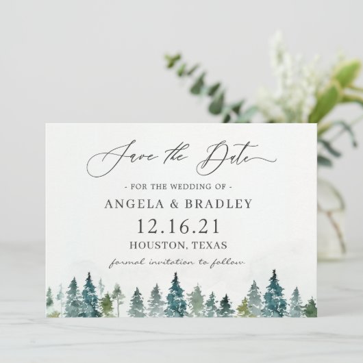 Winter Forest Pine Trees Elegant Wedding Save The Date (Staand voorkant)