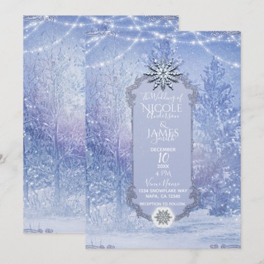 Winter Forest Pine Trees Lights Snowflakes Wedding Kaart (Voorkant / Achterkant)