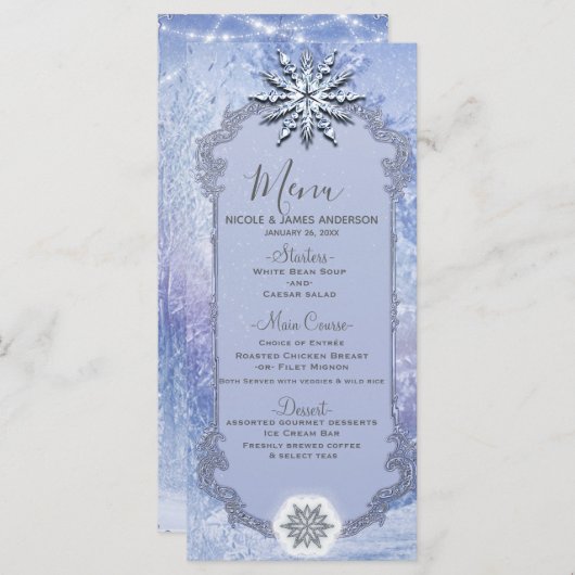 Winter Forest Pine Trees & Snowflakes Elegant Menu (Voorkant / Achterkant)