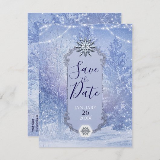 Winter Forest Pine Trees Snowflakes Save the Date Aankondigingskaart (Voorkant / Achterkant)