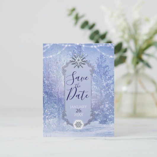 Winter Forest Pine Trees Snowflakes Save the Date Aankondigingskaart (Staand voorkant)
