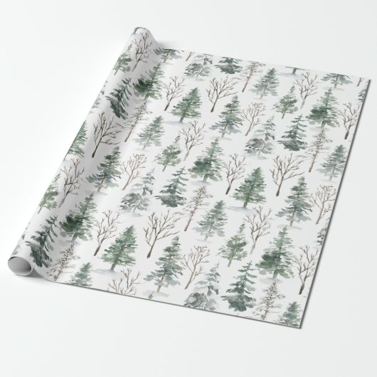 Winter Forest Pine Trees Waterverf Kerst Cadeaupapier (Uitgerold)
