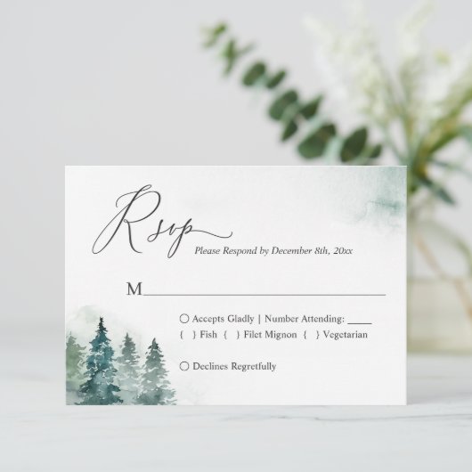 Winter Forest Pine Trees Wedding RSVP Kaart (Staand voorkant)