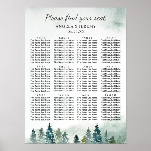 Winter Forest Pine Trees Wedding Seding Chart Poster (Voorkant)