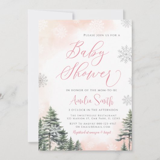 Winter Forest Pink Girl Baby shower Kaart (Voorkant)