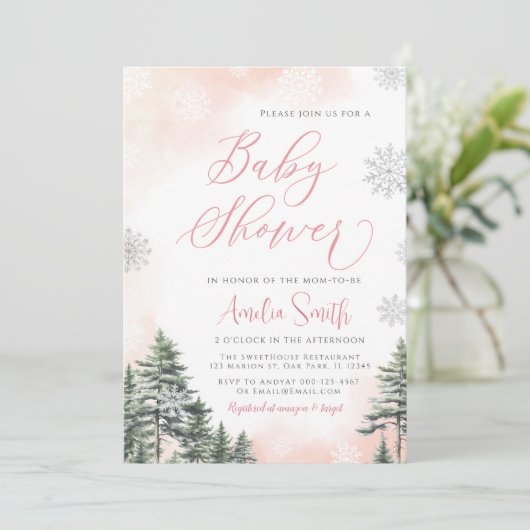 Winter Forest Pink Girl Baby shower Kaart (Staand voorkant)