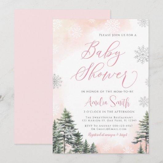 Winter Forest Pink Girl Baby shower Kaart (Voorkant / Achterkant)