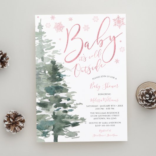 Winter Forest Pink Het is koud buiten Baby shower Kaart