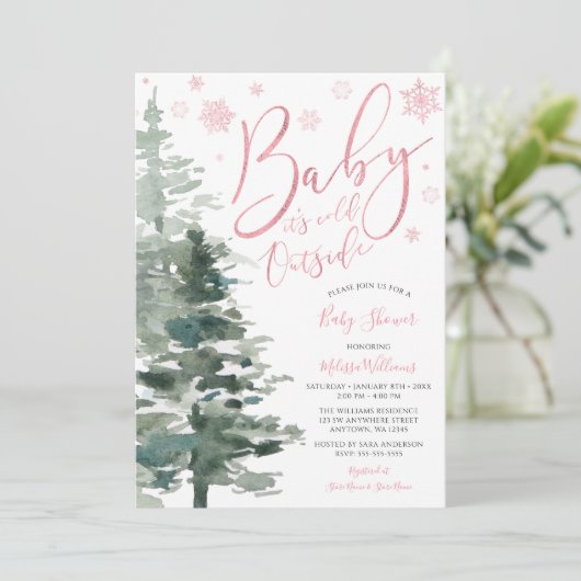 Winter Forest Pink Het is koud buiten Baby shower Kaart (Staand voorkant)