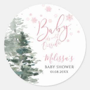 Winter Forest Pink Het is koud buiten Baby shower Ronde Sticker
