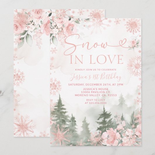 Winter Forest Pink Snow In Love Christmas Birthday Kaart (Voorkant / Achterkant)
