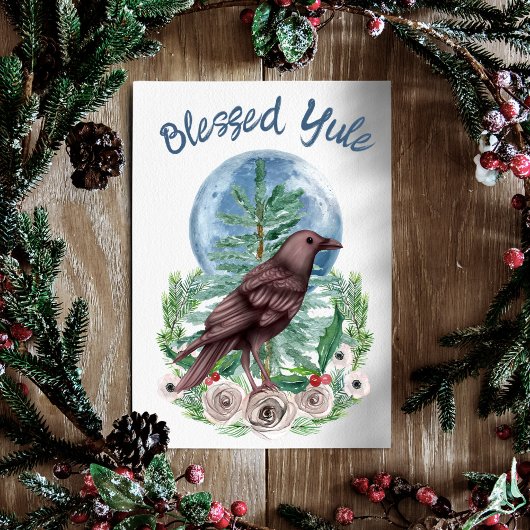 Winter Forest Raven & Moon Yule Solstice Holiday Kaart