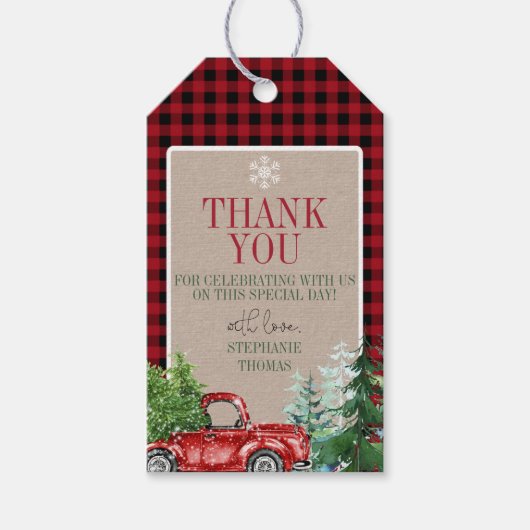 Winter Forest Red Truck Dank u Label Cadeaulabel (Voorkant)