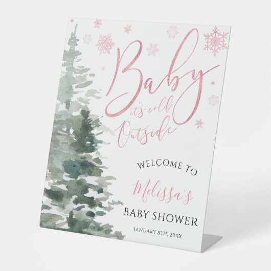 Winter Forest Roze Baby shower Welkom Reclamebord Met Voetstuk (Voorkant)
