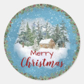 Winter Forest Rustic Cabin Merry Christmas Ronde Sticker (Voorkant)