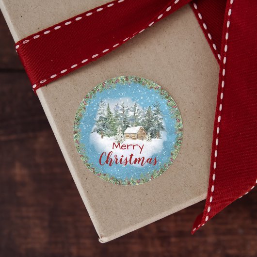 Winter Forest Rustic Cabin Merry Christmas Ronde Sticker