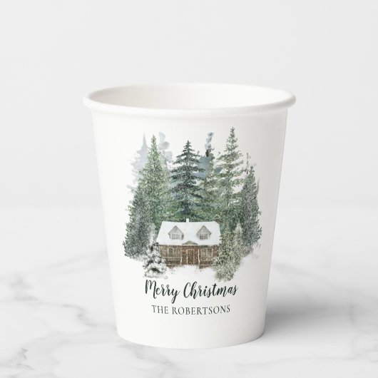 Winter Forest Rustic KerstWoodland Cabin Papieren Bekers (Achterkant)