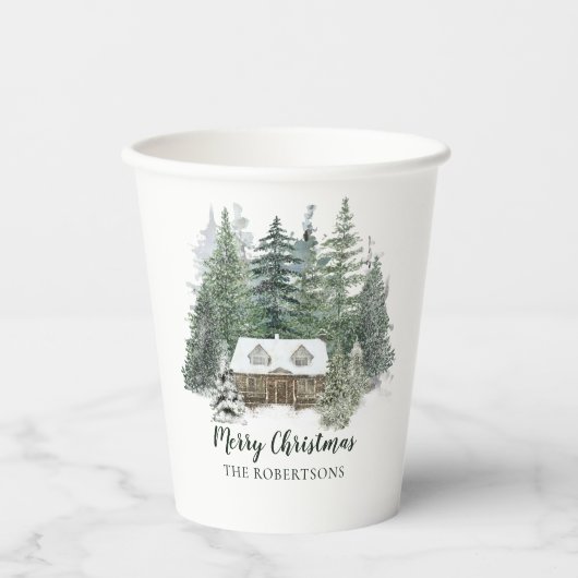 Winter Forest Rustic KerstWoodland Cabin Papieren Bekers (Voorkant)