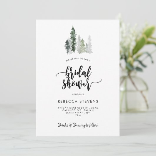 Winter Forest rustieke bruids douche uitnodiging (Staand voorkant)