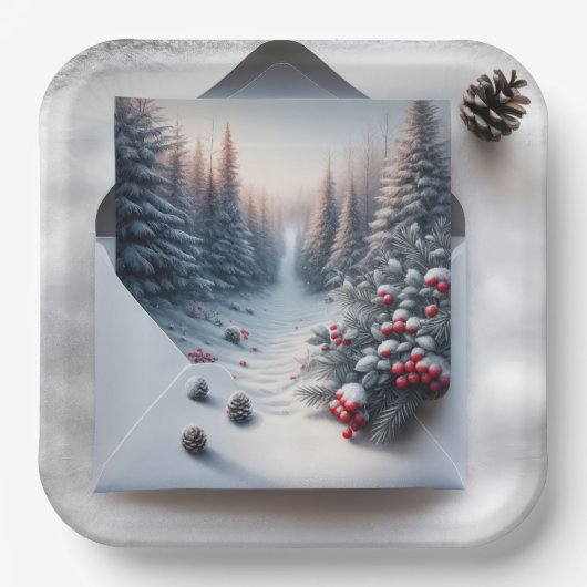 Winter Forest Scene in een envelop Papieren Bordje (Voorkant)