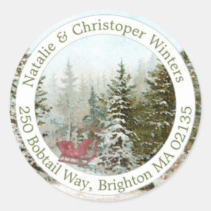 Winter Forest Scene Red Sled Kerstadres Ronde Sticker