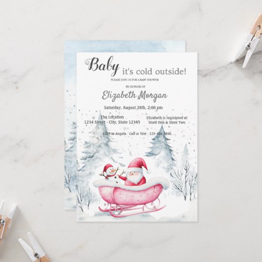 Winter Forest Sleight Santa Claus Baby shower Kaart (Voorkant / Achterkant in situ)